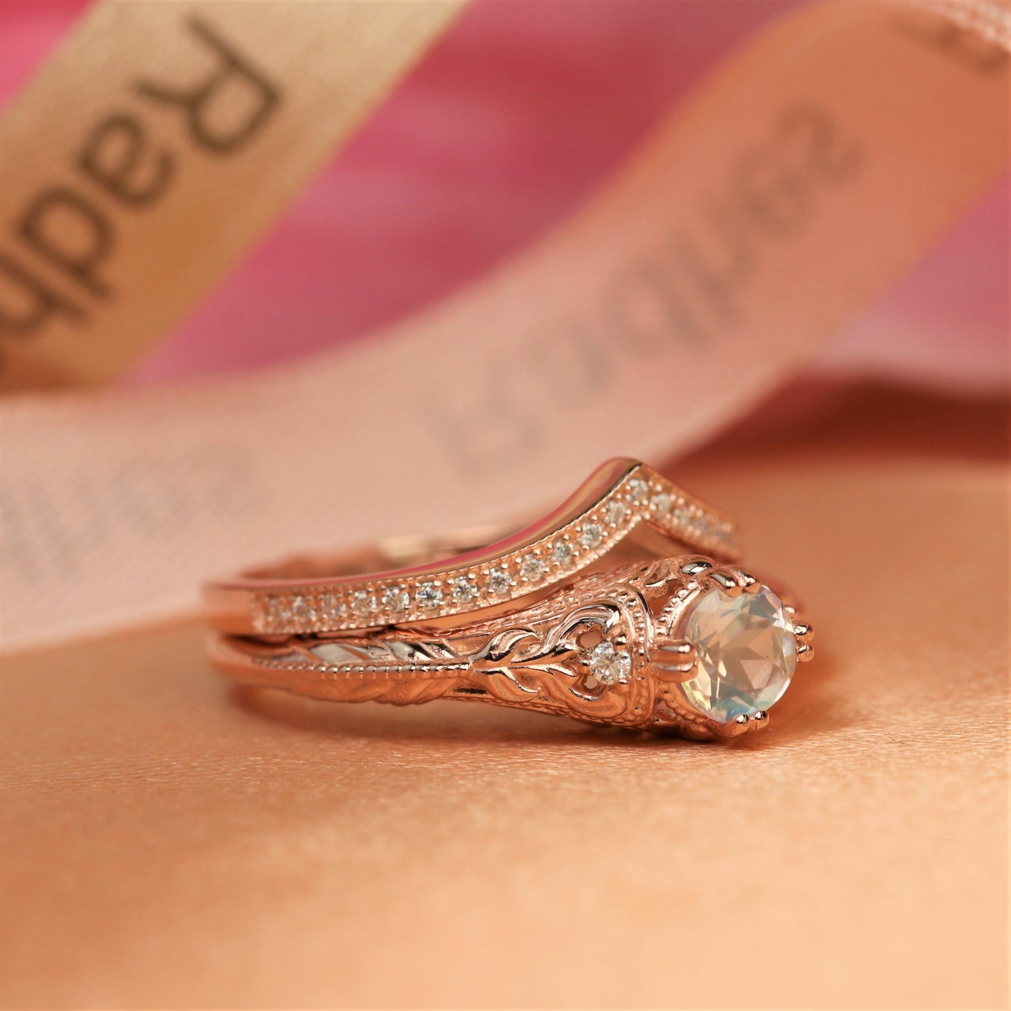 1.45 carat Round cut rainbow Moonstone Halo Wedding Ring Set with Diamond, Chevron Wedding Ring Band
