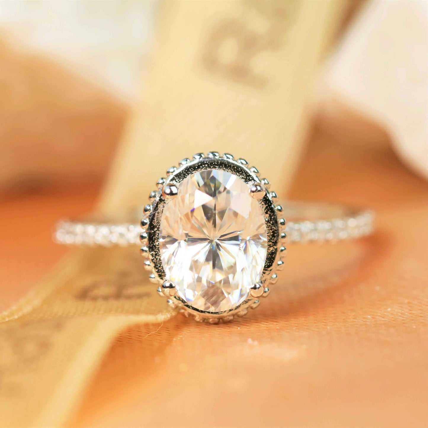 Vintage 1.2 carat oval cut Moissanite milgrain Engagement Ring in Gold