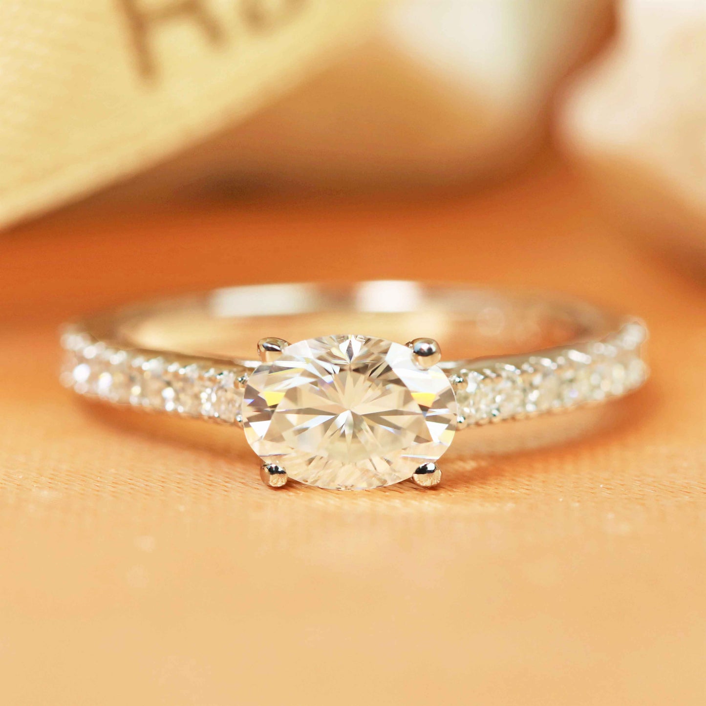 Classic 1.1 carat oval cut east west setting Moissanite Engagement Ring in Gold