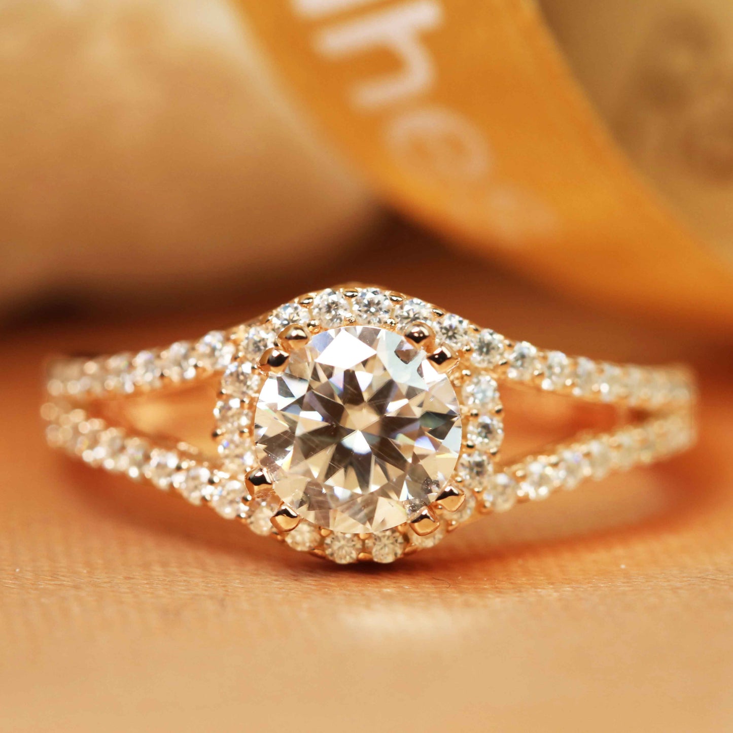 1.5 carat Round Cut Moissanite Split Shank Halo Engagement Ring in Gold