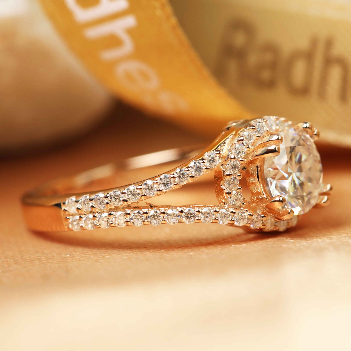 1.5 carat Round Cut Moissanite Split Shank Halo Engagement Ring in Gold
