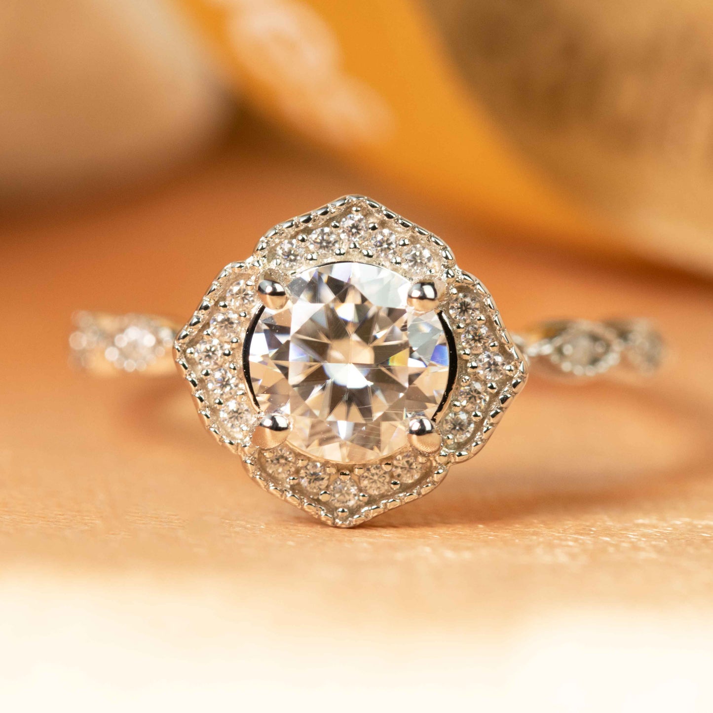 Antique milgrain 1.25 carat Round cut Moissanite Engagement Ring in Gold