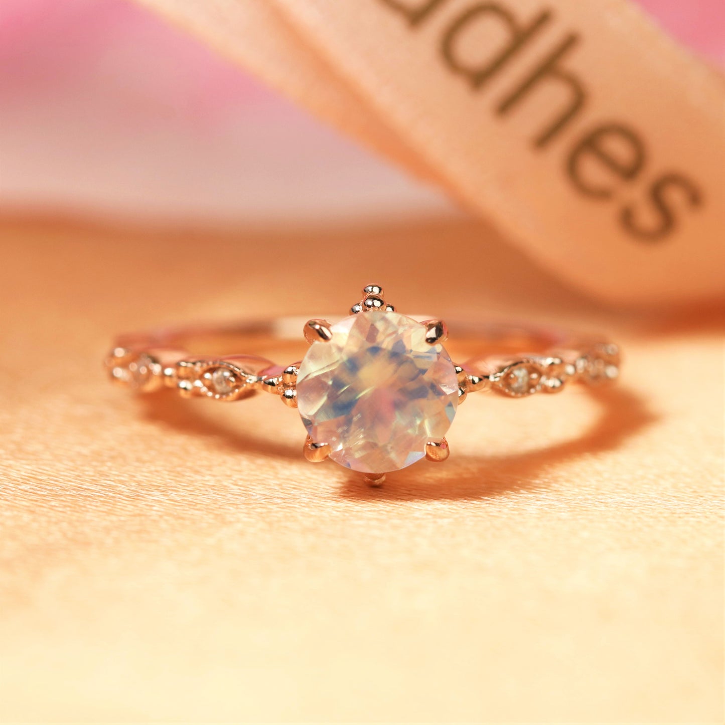 1.15 carat Round Moonstone Vintage Engagement Ring in Rose Gold