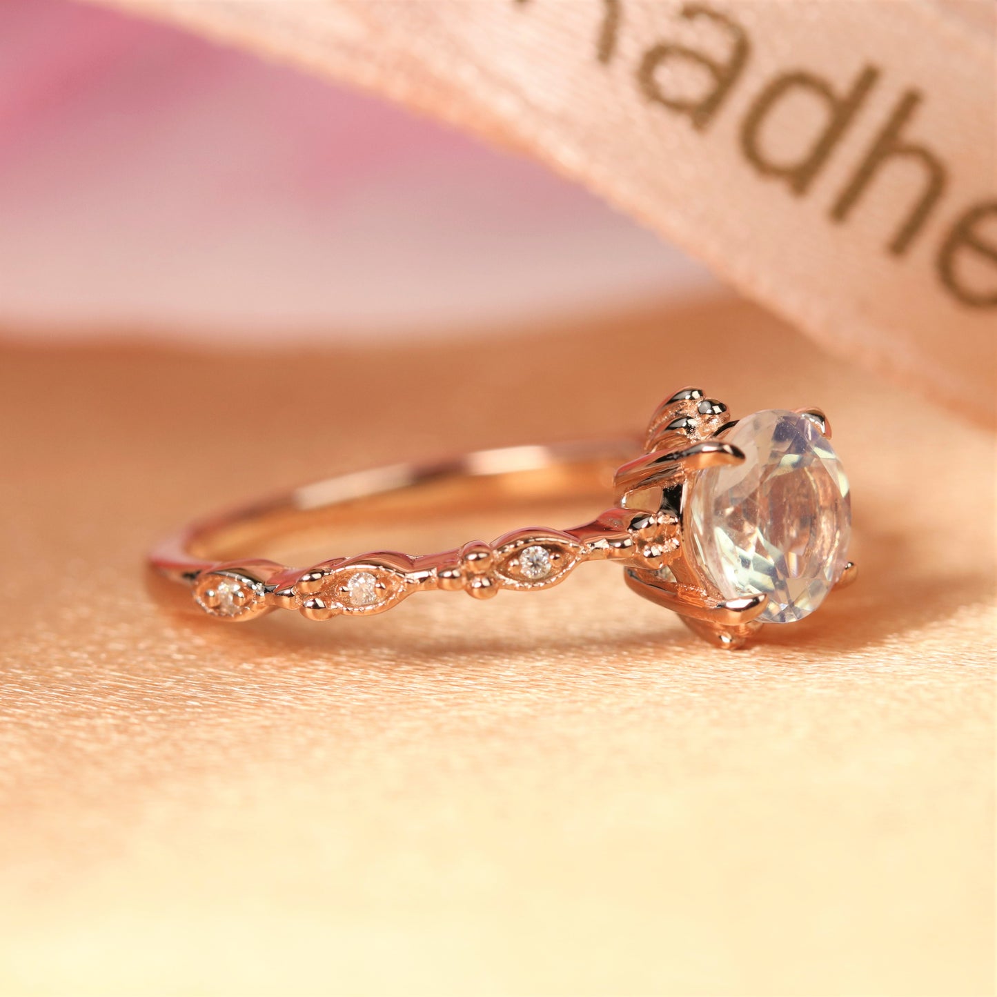 1.15 carat Round Moonstone Vintage Engagement Ring in Rose Gold