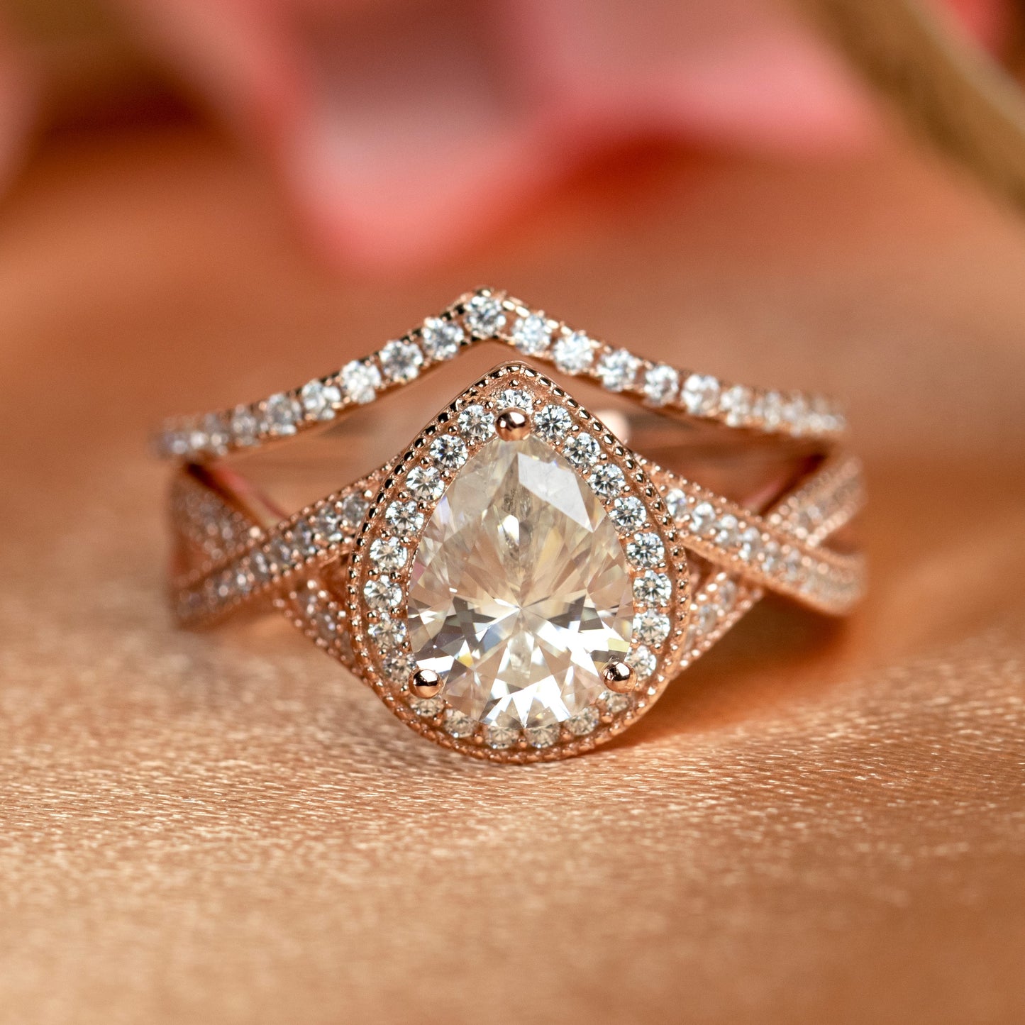 Vintage milgrain 1.75 carat pear shape Moissanite milgrain Wedding Ring Set in Rose Gold