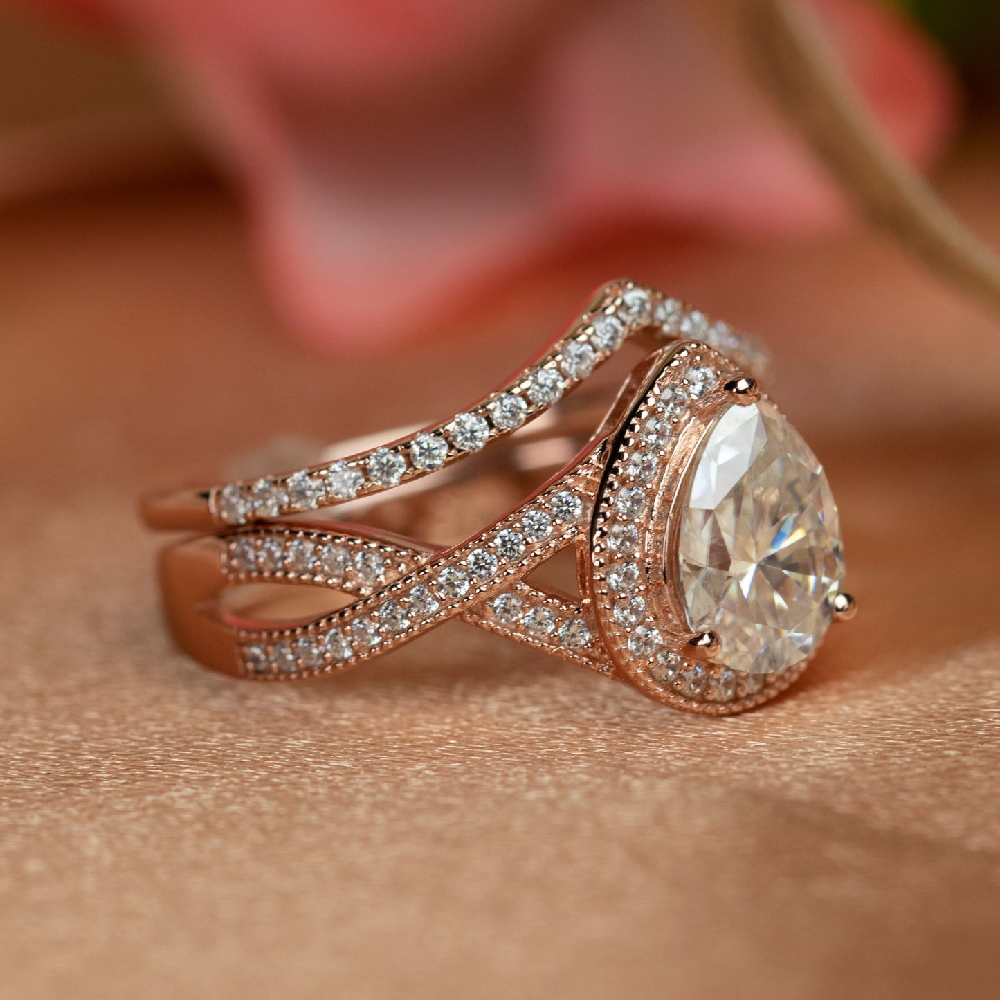 Vintage milgrain 1.75 carat pear shape Moissanite milgrain Wedding Ring Set in Rose Gold