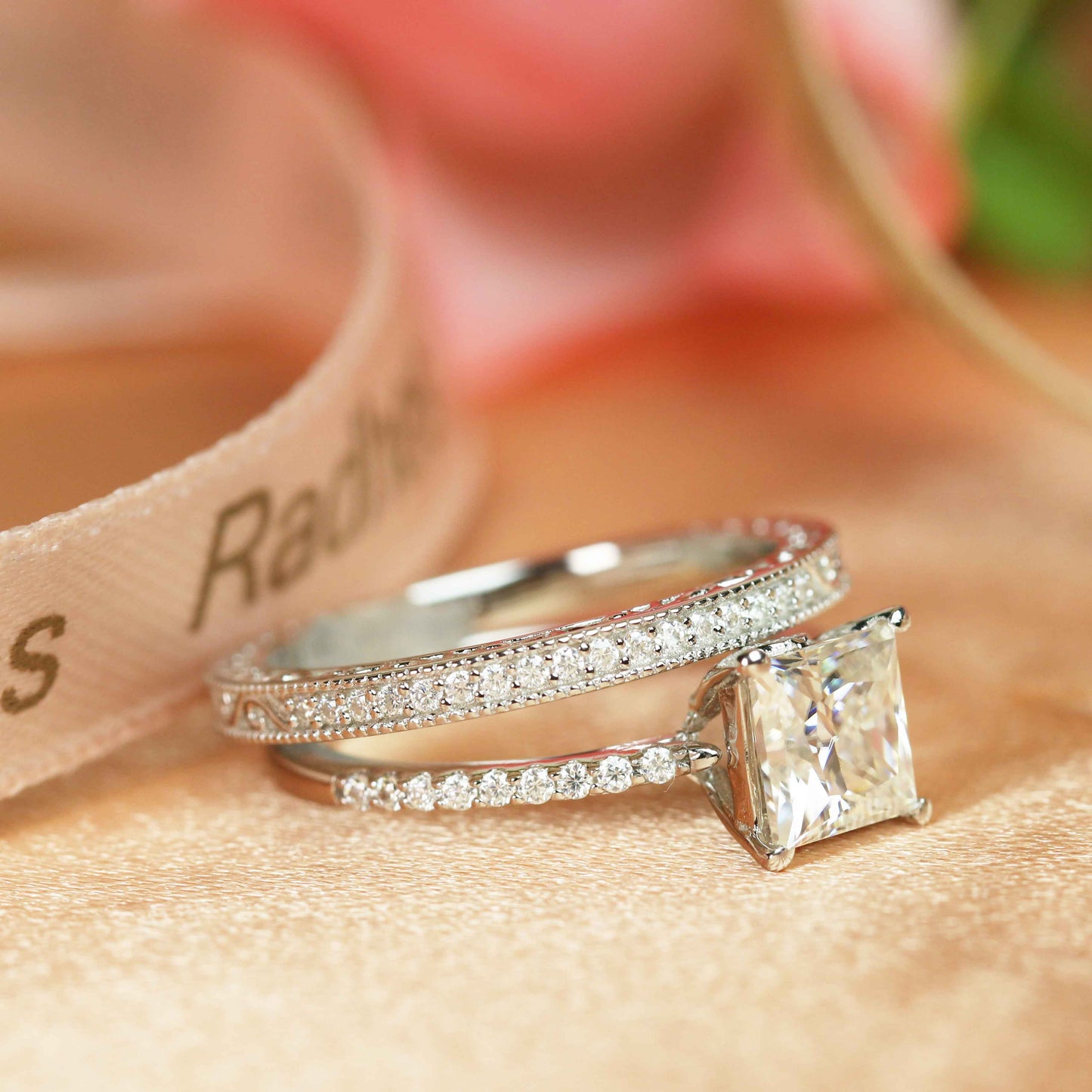 1.40 carat square Princess cut Moissanite solitaire Engagement Ring Set in Gold