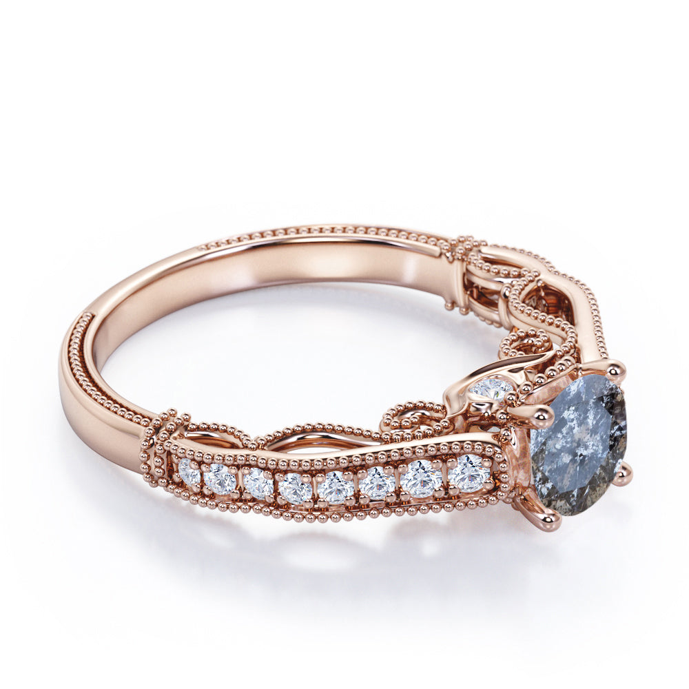 Eccentric filigree 0.75 carat Round cut Salt and pepper diamond and White diamond channel setting engagement ring for women in Rose gold