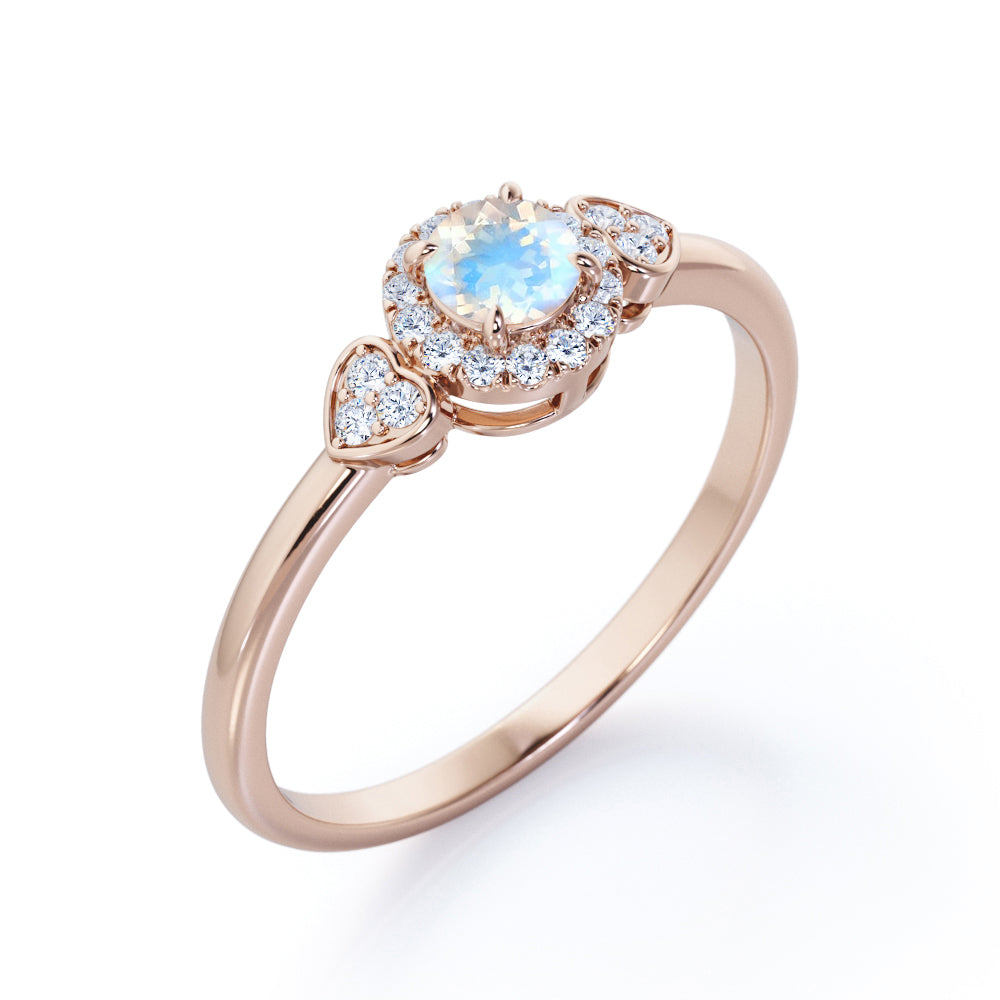 Triple stone 1.25 carat Round cut Rainbow Moonstone and diamond vintage double heart sweetheart ring in Rose gold-Engagement ring