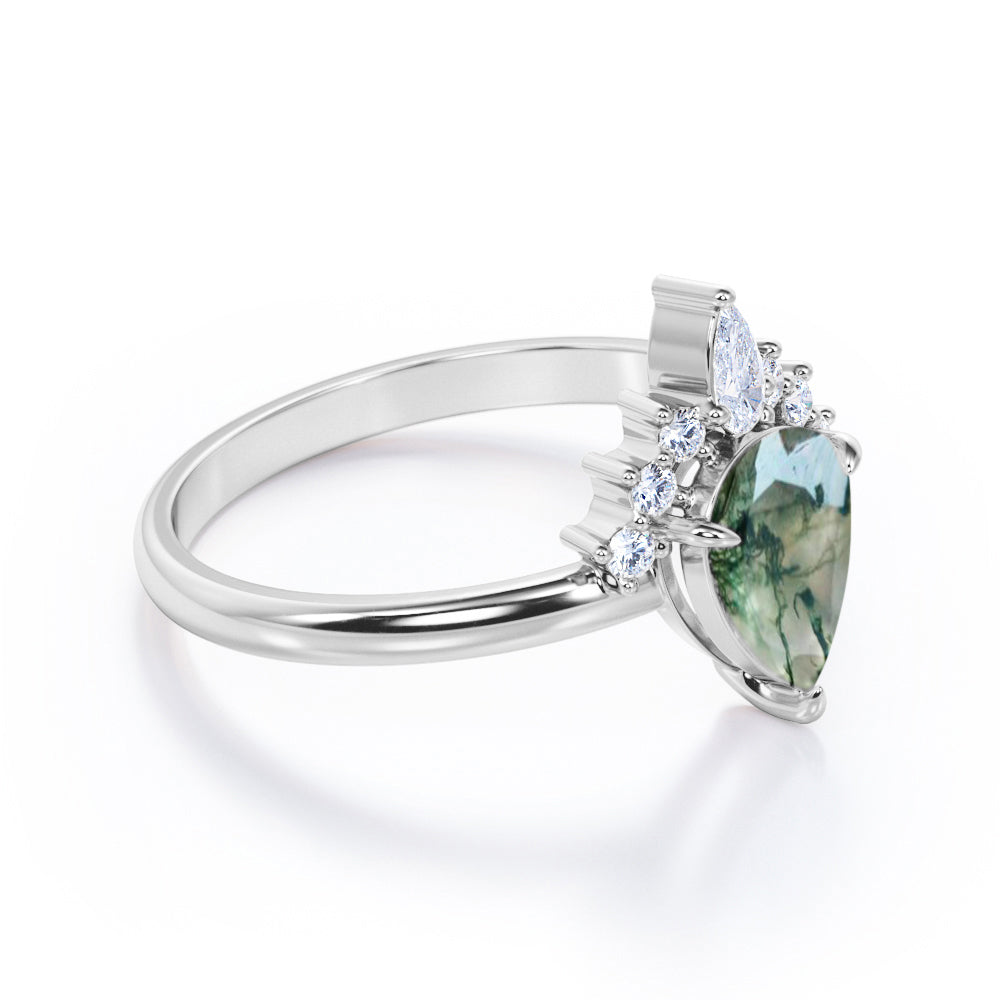 Royal Tiara style 1.15 carat Pear cut Moss Green Agate and diamond engagement ring in White gold