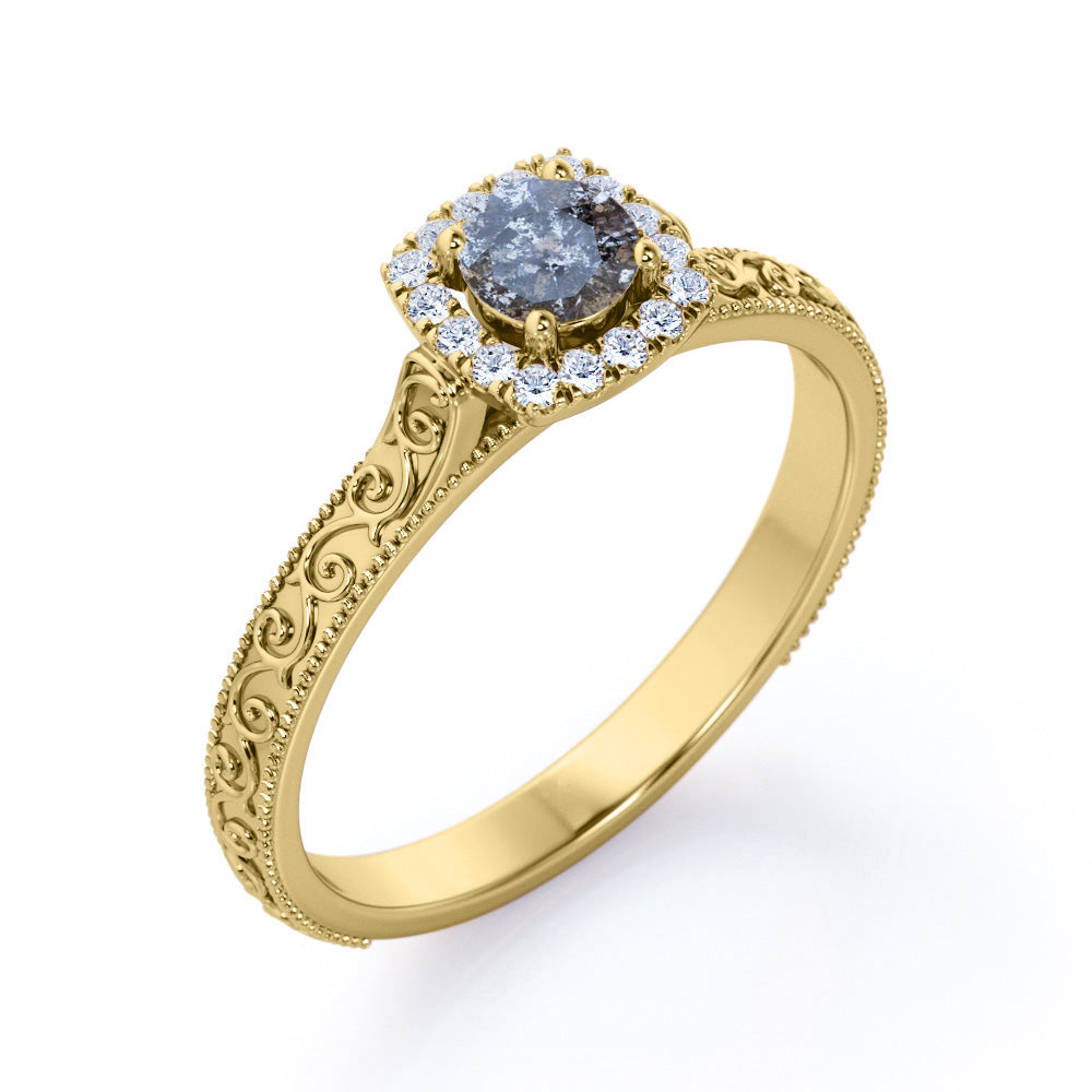 Victorian halo 0.65 carat Round cut Salt and pepper diamond and White diamond anniversary ring for her in yellow gold