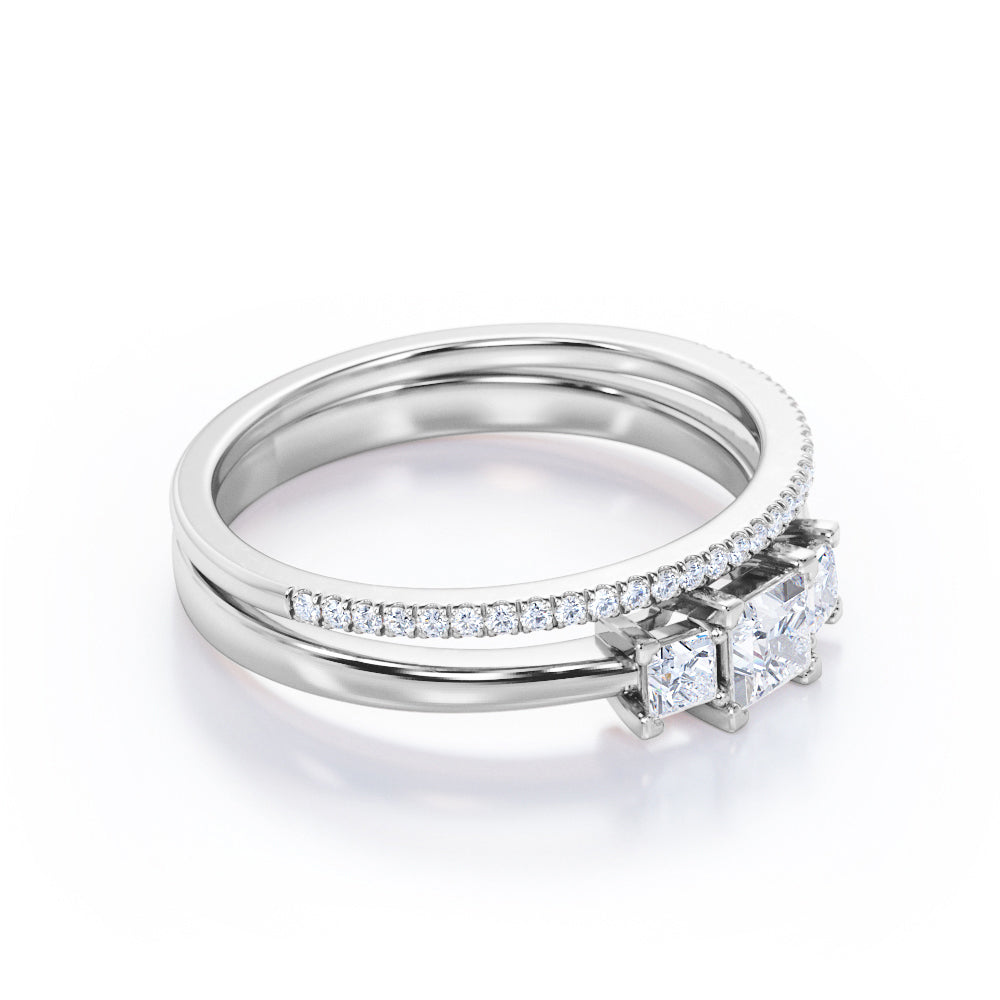 Antique Trilogy 0.85 carat Princess cut Moissanite and diamond eternity wedding ring set for women in White gold
