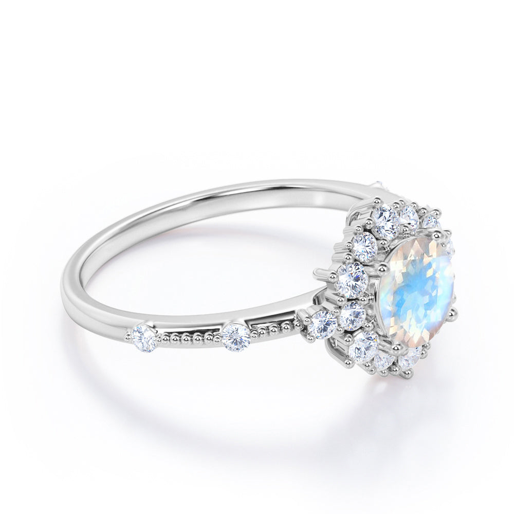 Statement 1.5 carat Round cut Blue Moonstone and diamond snowflake engagement ring in White gold