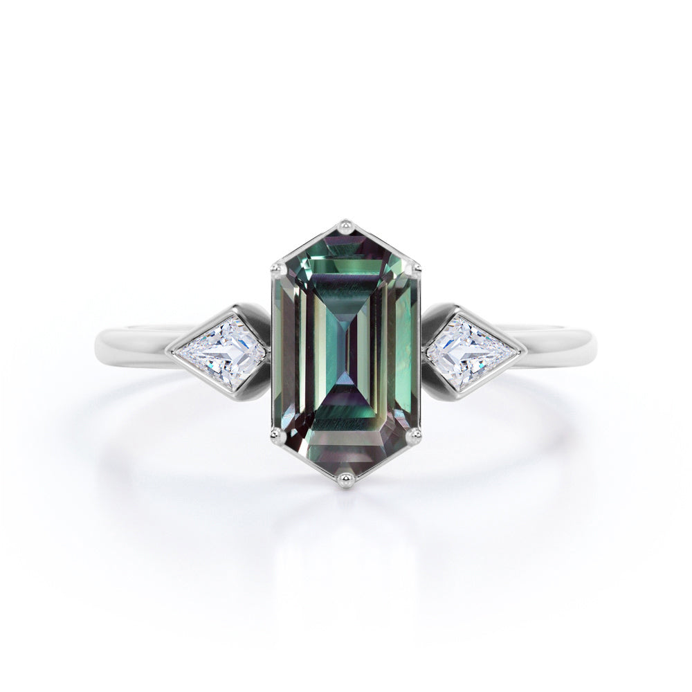 Trinity Bezels 1.1 carat Hexagon shaped Alexandrite and diamond engagement ring in Rose gold