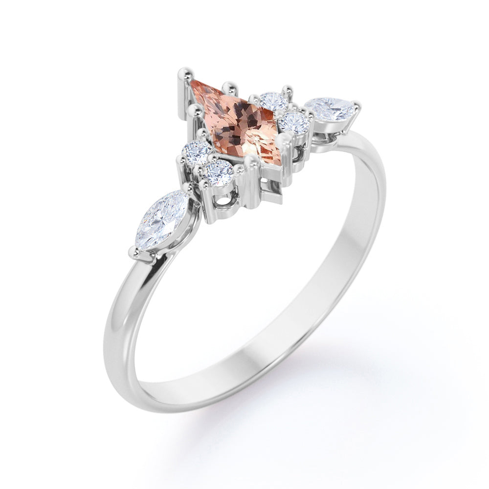Trendy 1.25 carat Kite shaped Morganite and diamond button prong setting-seven stone promise ring for women in White gold