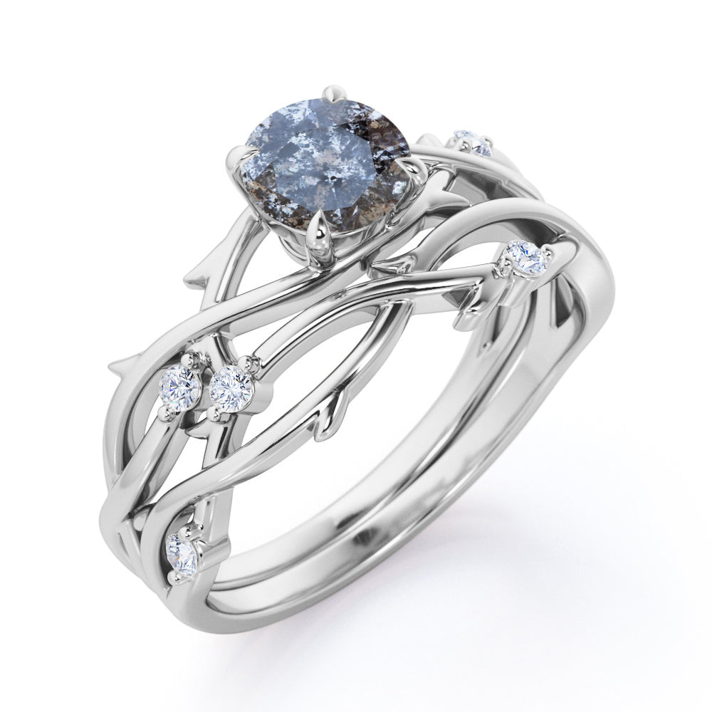Artistic Vine 0.6 carat Round cut Salt and pepper diamond and White diamond twisted branch wedding ring set in White gold