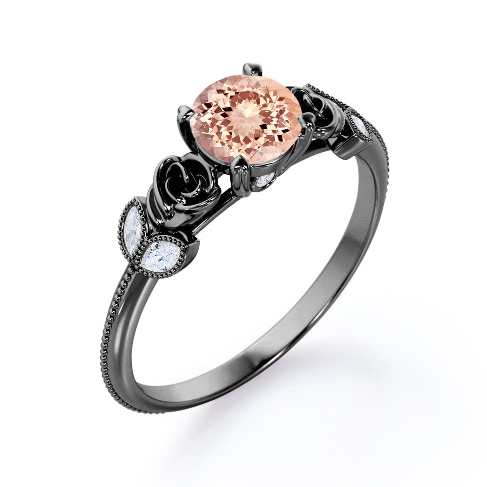 Romantic Roses 1.1 carat Round cut Morganite and diamond marquise milgrain engagement ring in Black gold