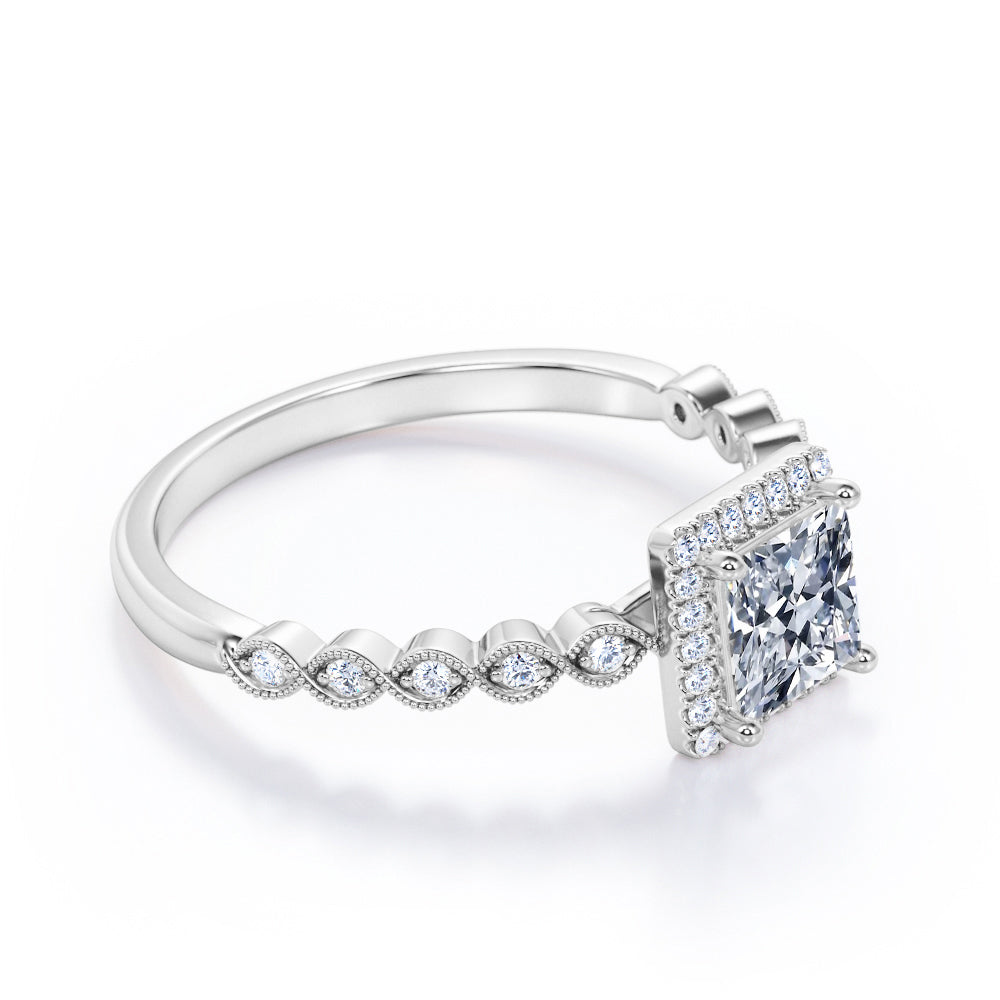 Princess Halo 1.35 carat square cut Moissanite and diamond vintage engagement ring in White gold