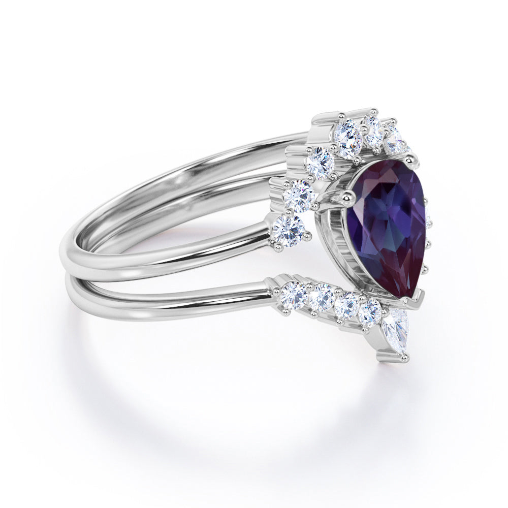 Elegant Vintage inspired 1.25 carat Pear shaped Lab made Alexandrite and diamond bridal set for women in Black gold