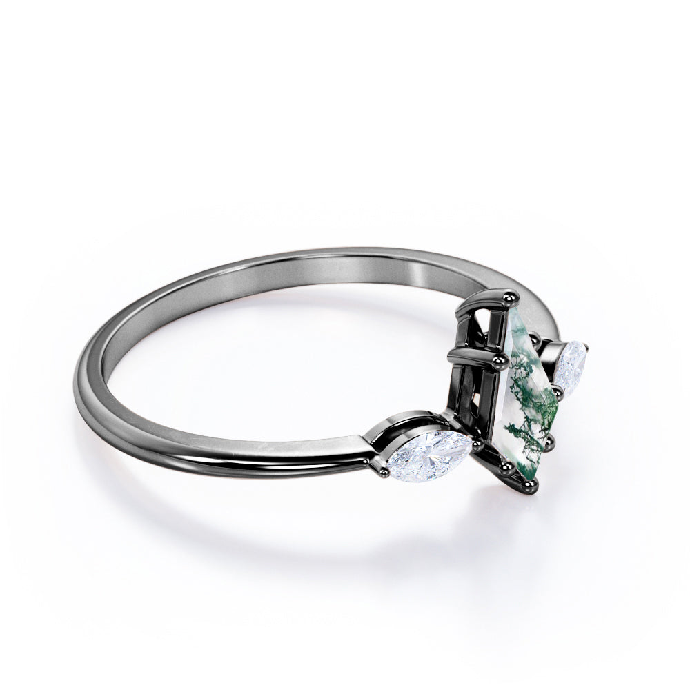 Modern Trinity 1.15 carat Kite shaped Moss Green Agate and marquise diamond tapered shank engagement ring in Black gold