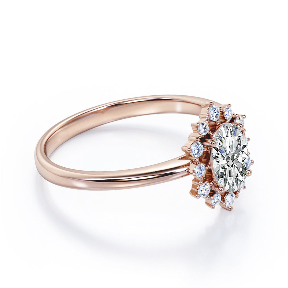 Snowflake cluster 1.25 carat Oval cut Moissanite and diamonds Halo engagement ring in Rose gold