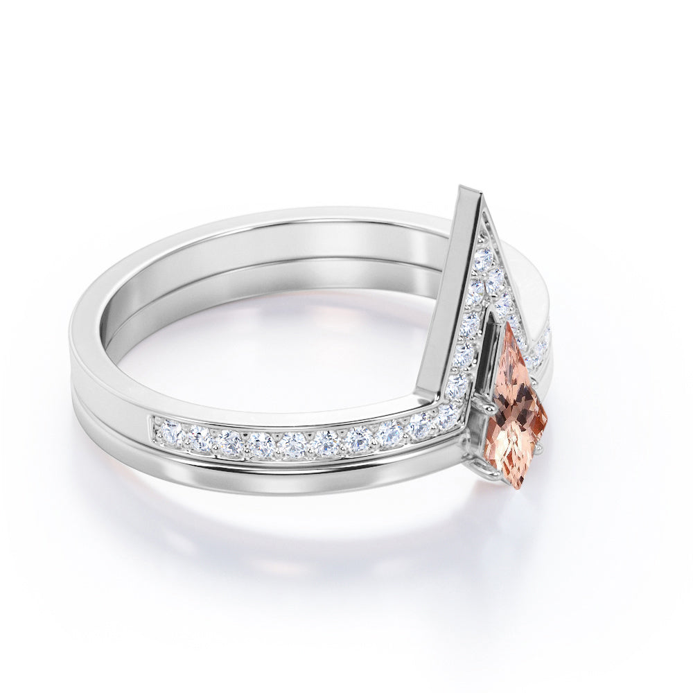 Modern Solitaire 1.25 carat Kite shaped Pink Morganite and diamond 4 prong wedding ring set in White gold