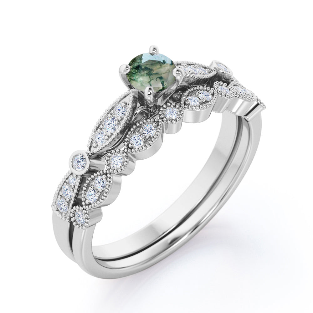 Vintage Milgrain 1 carat Round cut Moss Green Agate and diamond-cathedral setting-Bridal wedding ring set for women in White gold