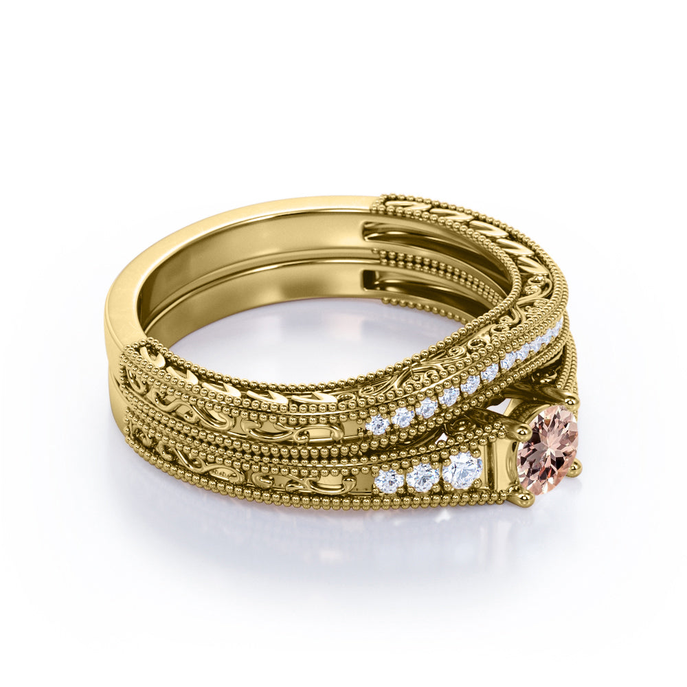 Contoured Milgrain 0.75 carat Round cut Peach Morganite and diamond floral filigree Bridal set for women in Yellow gold