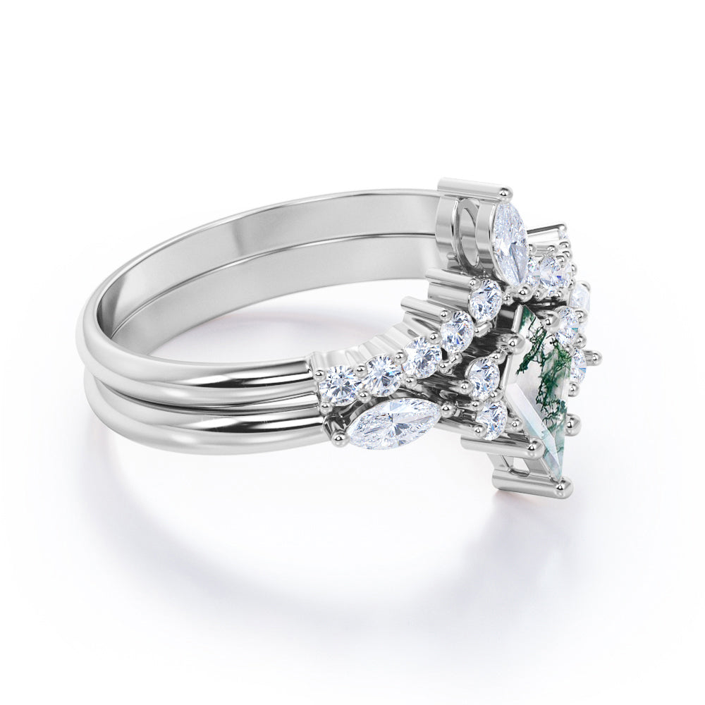 1.3 carat Kite Shaped Moss Green Agate and diamond chevron wedding ring set in White gold