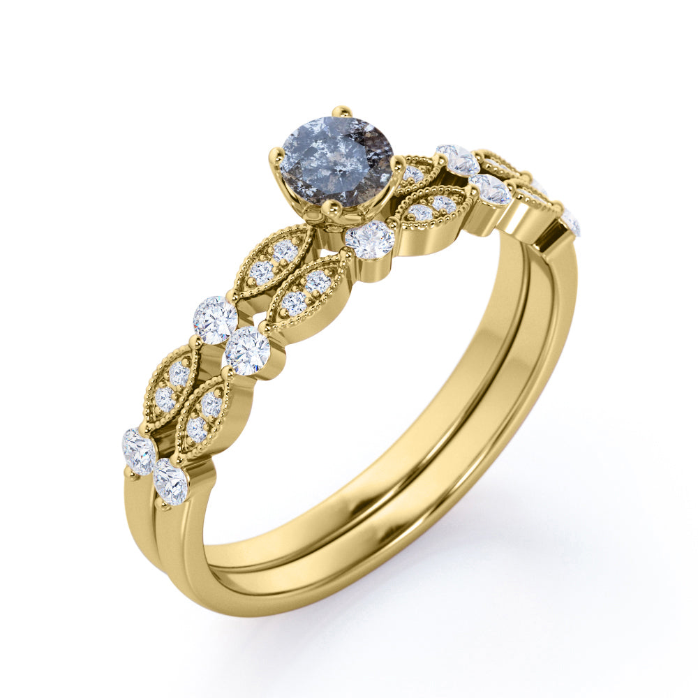 Vintage Marquise and dot style 0.75 carat Round cut Salt and pepper diamond and White diamond cathedral setting wedding ring set in yellow gold