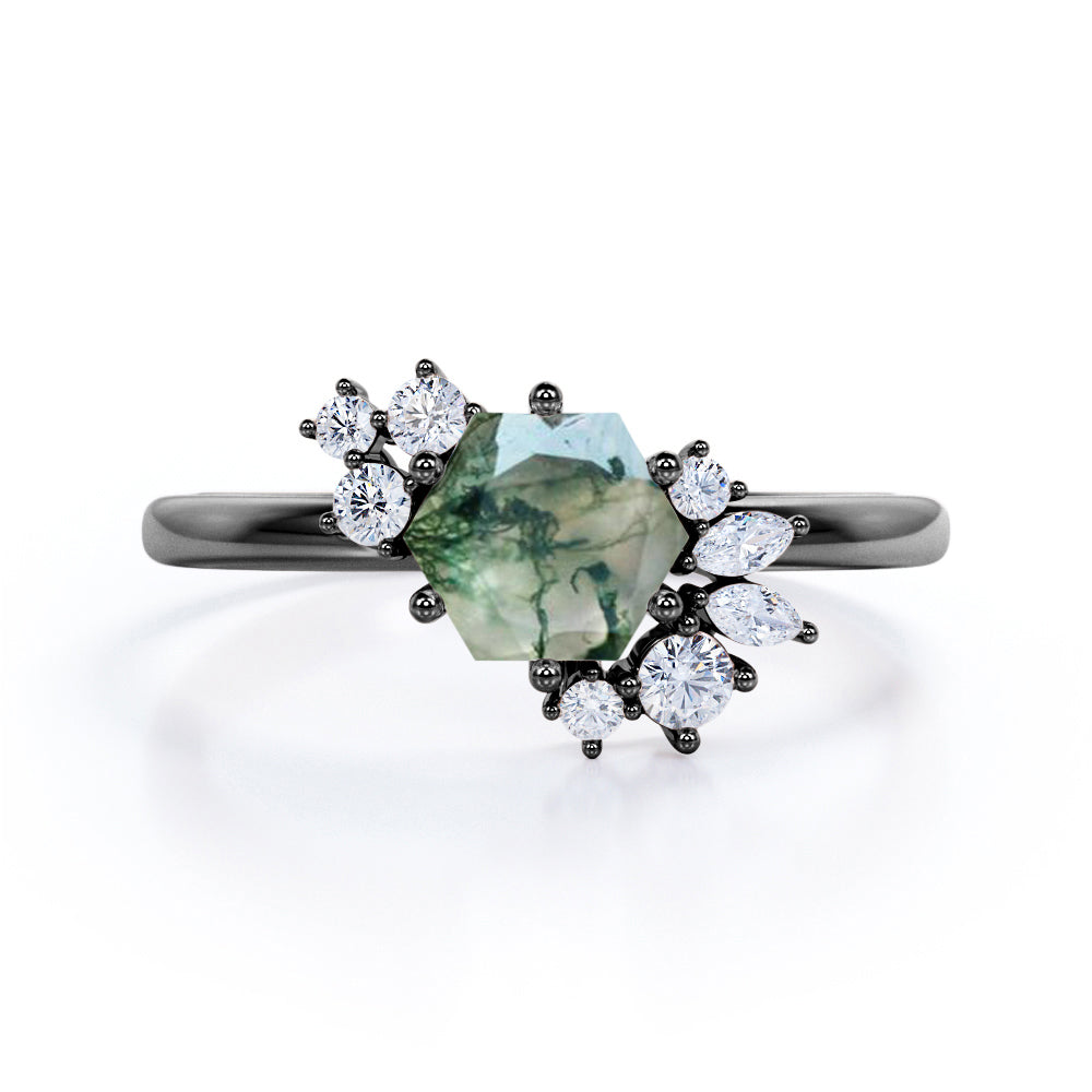 Aesthetic 0.65 carat Hexagon shaped Moss Green Agate and diamond art deco inspired engagement ring in Black gold