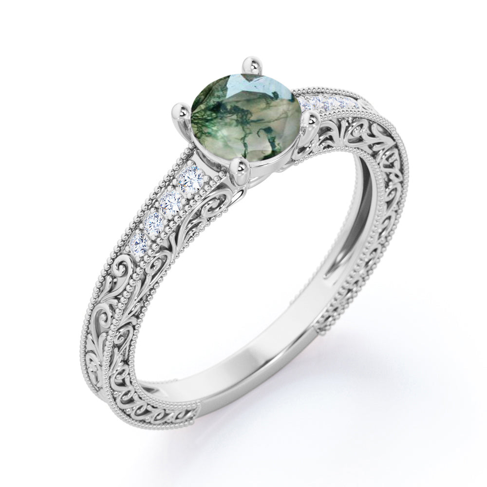 Aesthetic Victorian Scrollwork 1.25 carat Round cut Moss Green Agate and diamond engagement ring in White gold