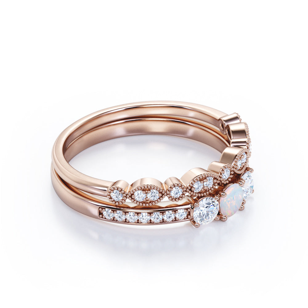 Elegant trilogy 1 carat Round cut Ethiopian Opal and pave diamond Milgrain Bridal set for her in Rose gold