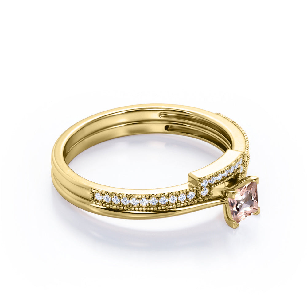 Eternity 0.75 carat Princess cut Pink Morganite and diamond Solitaire Bridal wedding ring set in Yellow gold