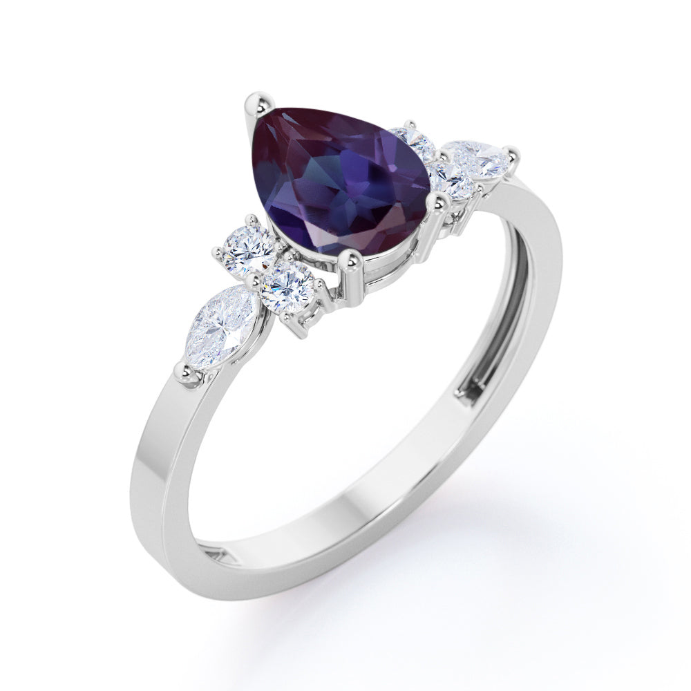 Modern Seven stones 1.15 carat Pear cut Lab created Alexandrite and diamond marquise and dot engagement ring in White gold