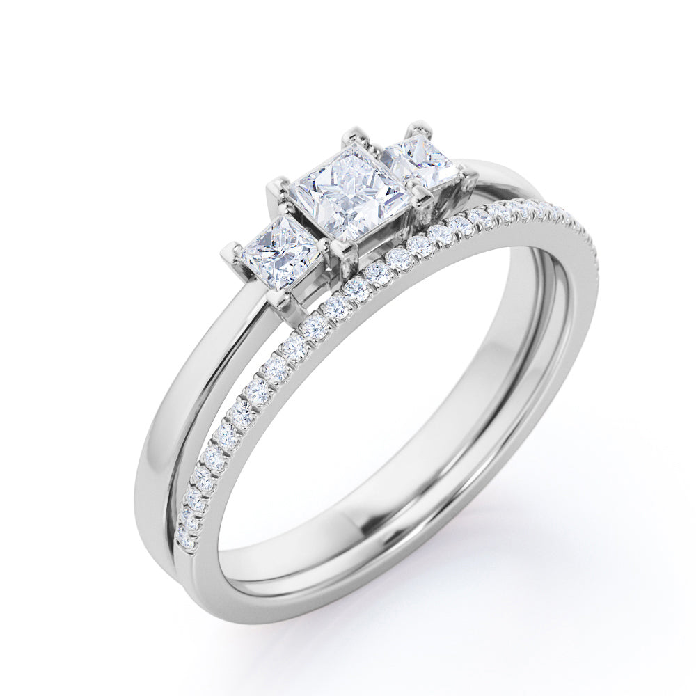 Antique Trilogy 0.85 carat Princess cut Moissanite and diamond eternity wedding ring set for women in White gold