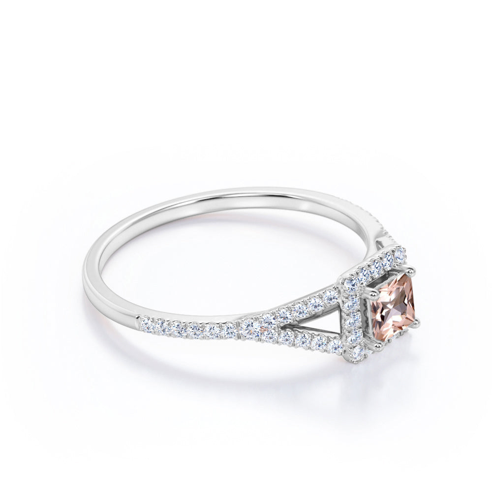 Pave shank 1 carat Princess cut Morganite and diamond eternity halo engagement ring in White gold