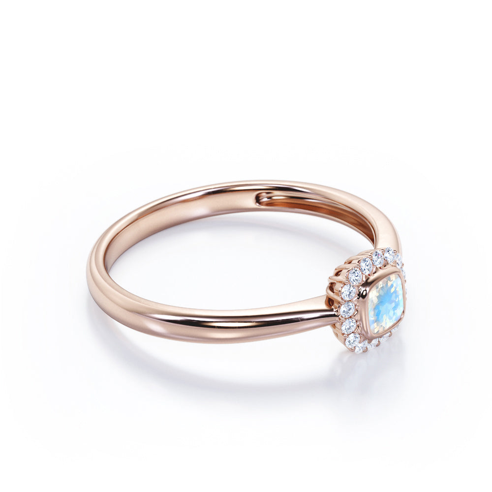 Tapered halo Cushion Cut 0.75 carat Moonstone and diamond engagement ring in Rose gold