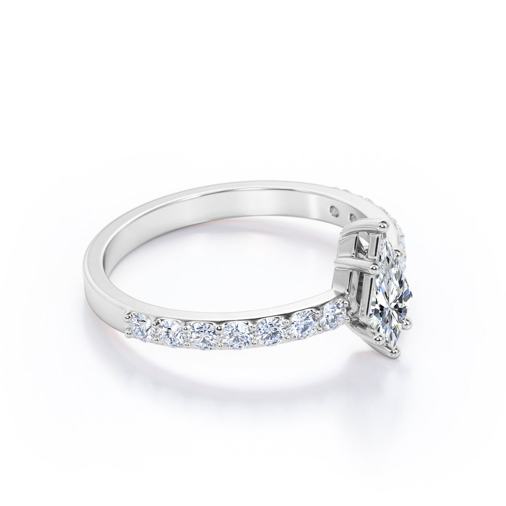 Minimalist 0.7 carat Kite shaped Moissanite and diamond 6 prong engagement ring in White gold