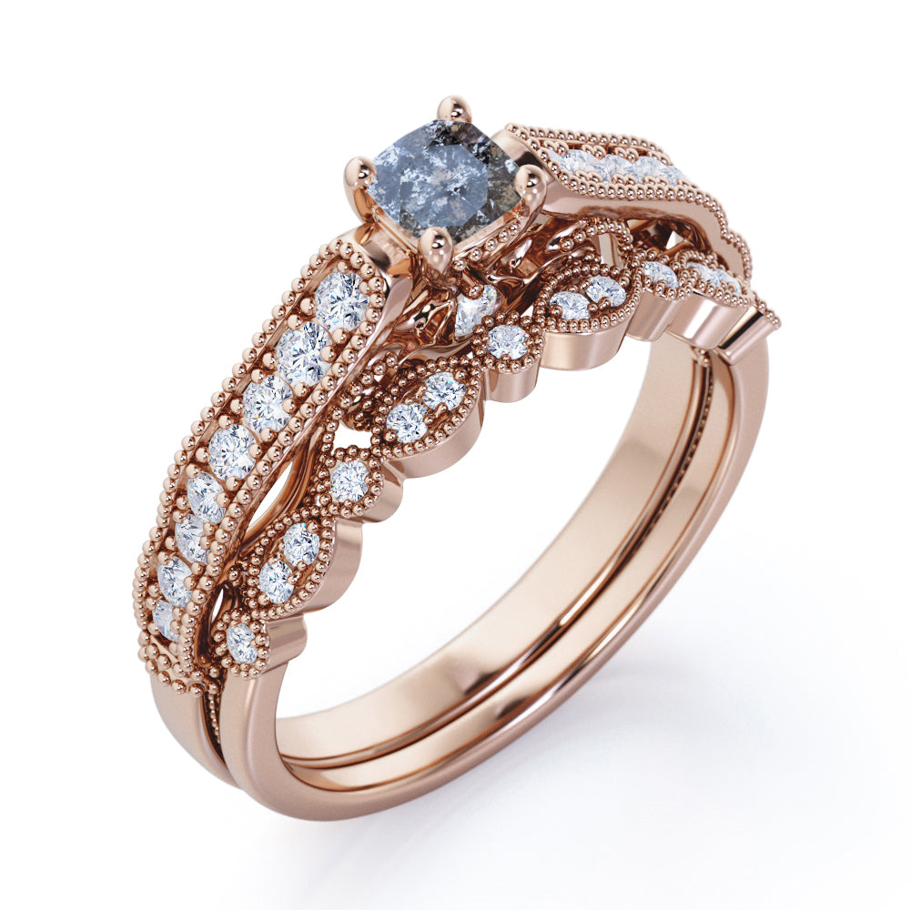 Exquisite Bead décor 0.8 carat Round cut Salt and pepper diamond and white diamond art deco bridal set for her in rose gold