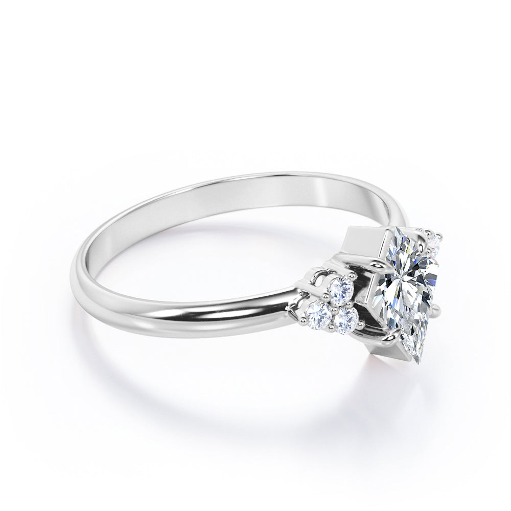 Unique Claw prong 1 carat Kite shaped Moissanite and diamond vintage style engagement ring in White gold