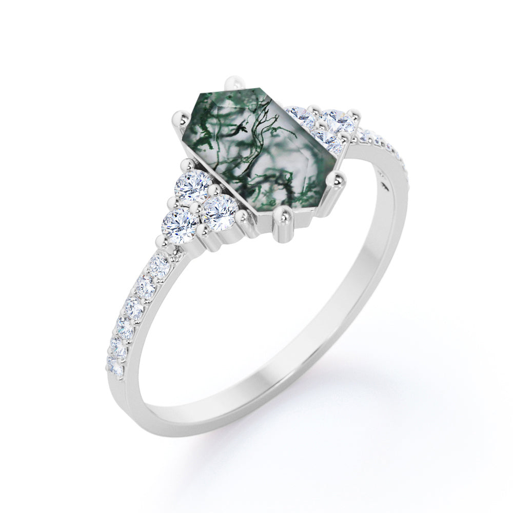 Modern Art deco 1.35 carat Hexagon cut Moss Green Agate and diamond pave setting engagement ring in White gold