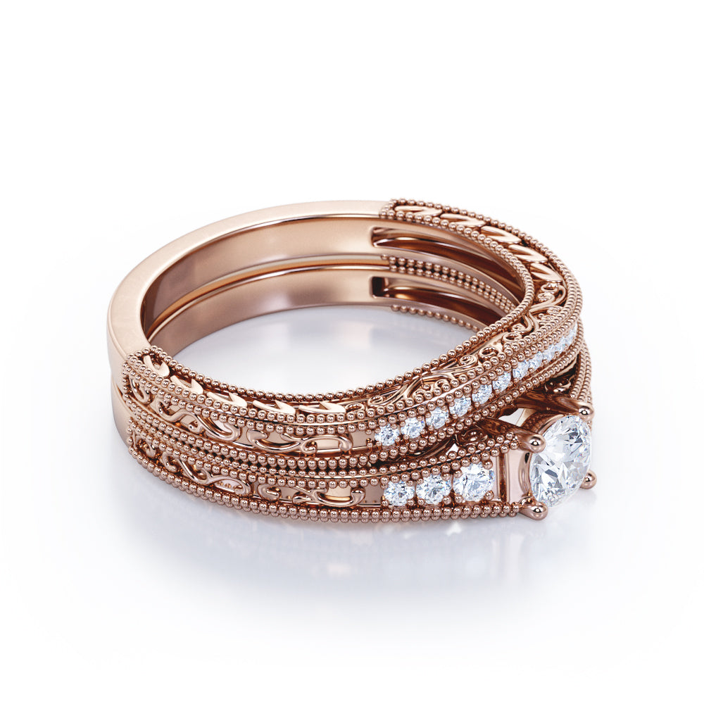 Contoured 0.8 carat Round cut Moissanite and diamond vintage filigree wedding ring set in rose gold