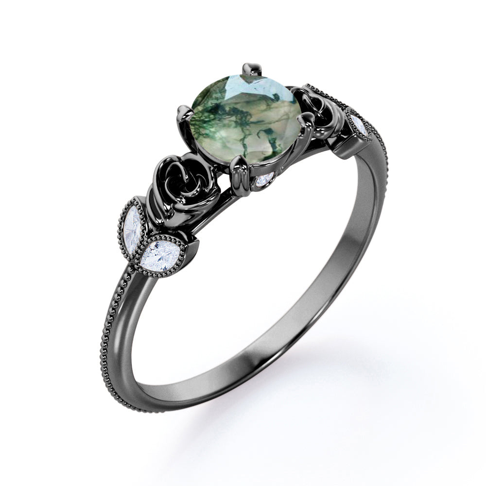 Rose ring-1.15 carat Round cut Moss Green Agate and diamond marquise milgrain engagement ring in Black gold