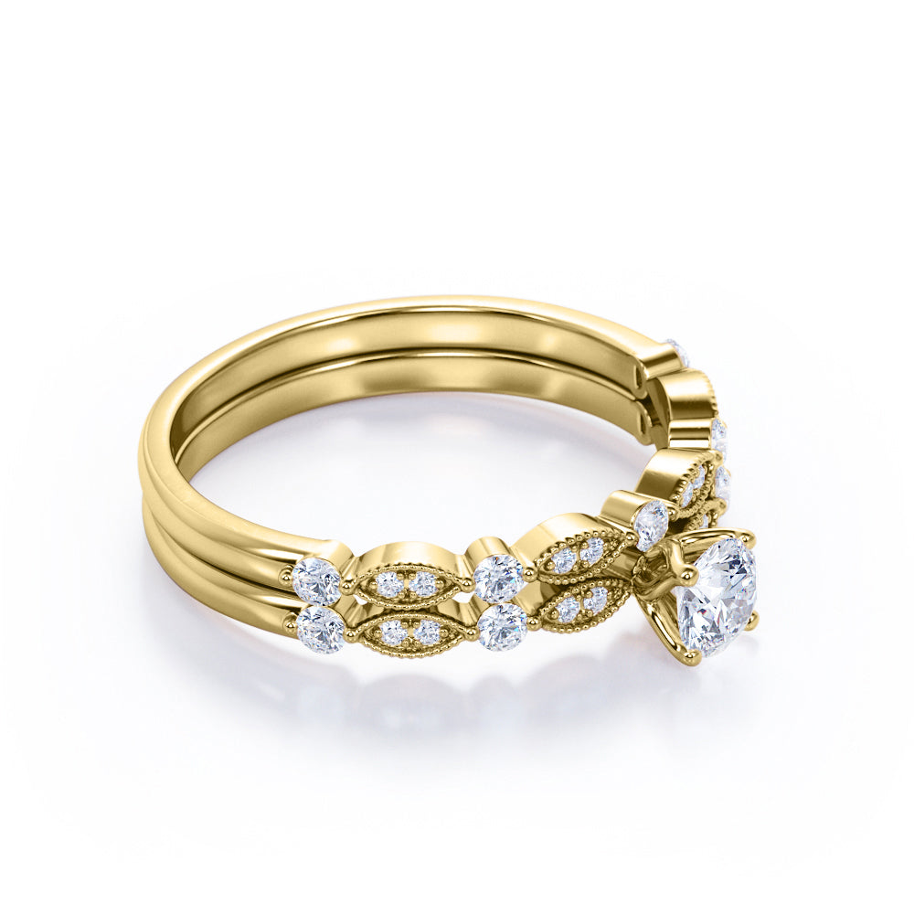 Antique art deco inspired 1 carat Round cut Moissanite and diamond marquise and dot Bridal set for women in Yellow gold