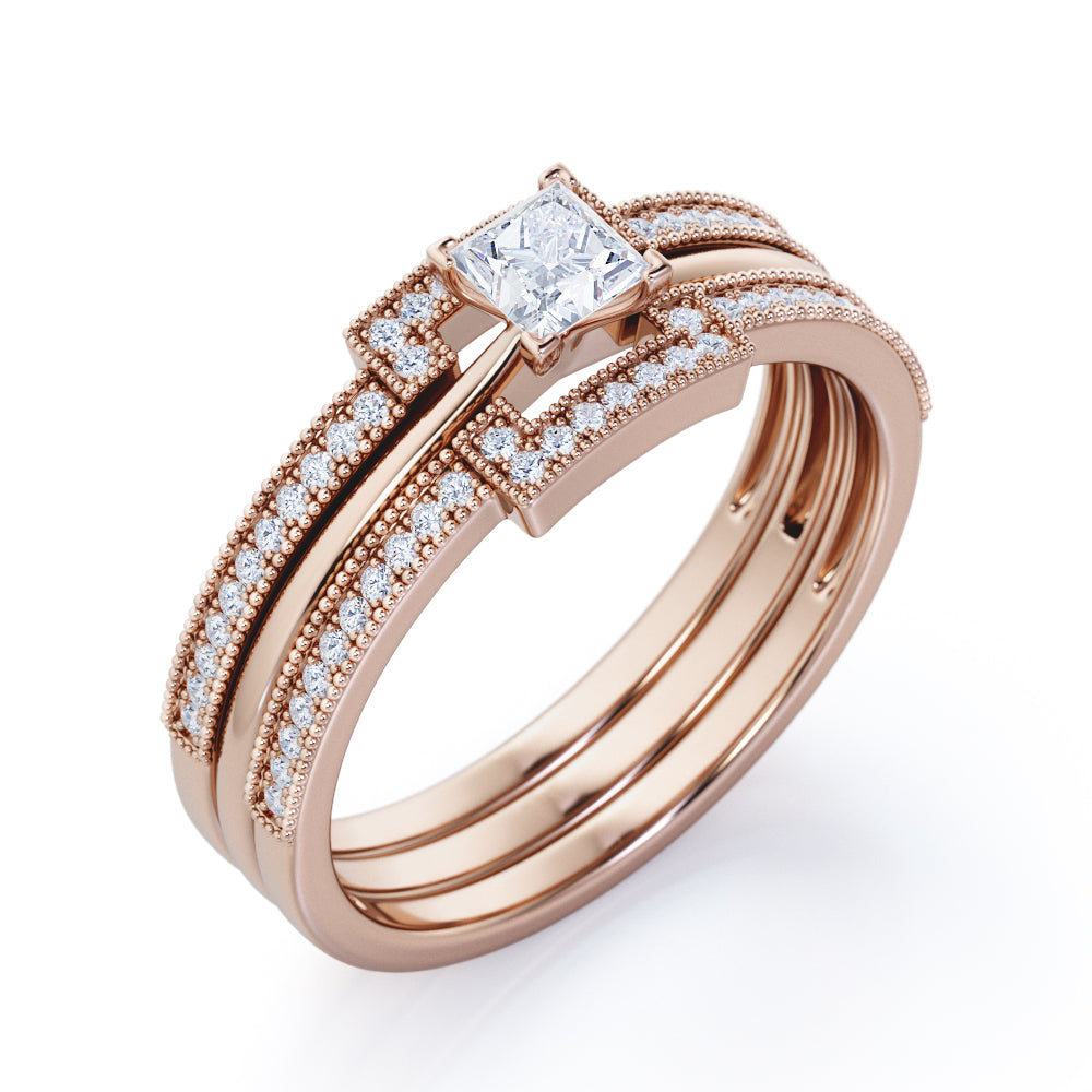 Authentic 1 carat Princess cut Moissanite and diamond halo inspired trio wedding ring set for women in rose gold