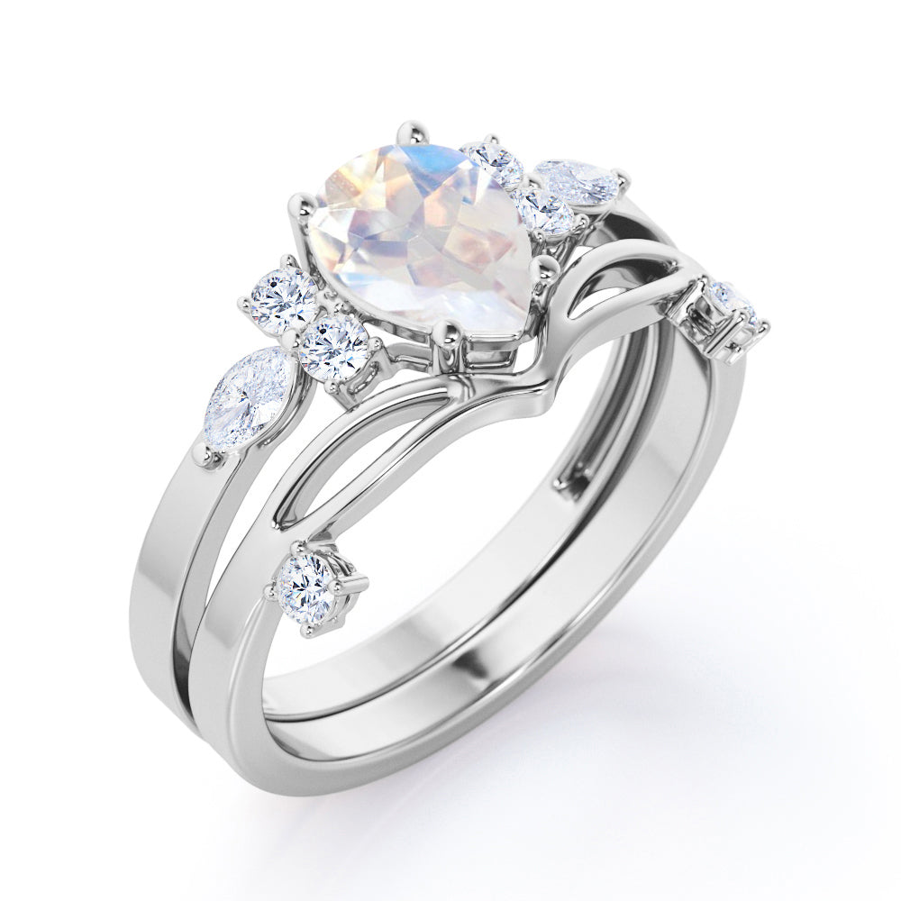 Unique Split Shank 1.25 carat Pear Shaped Moonstone and diamond chevron wedding ring set for women in White gold