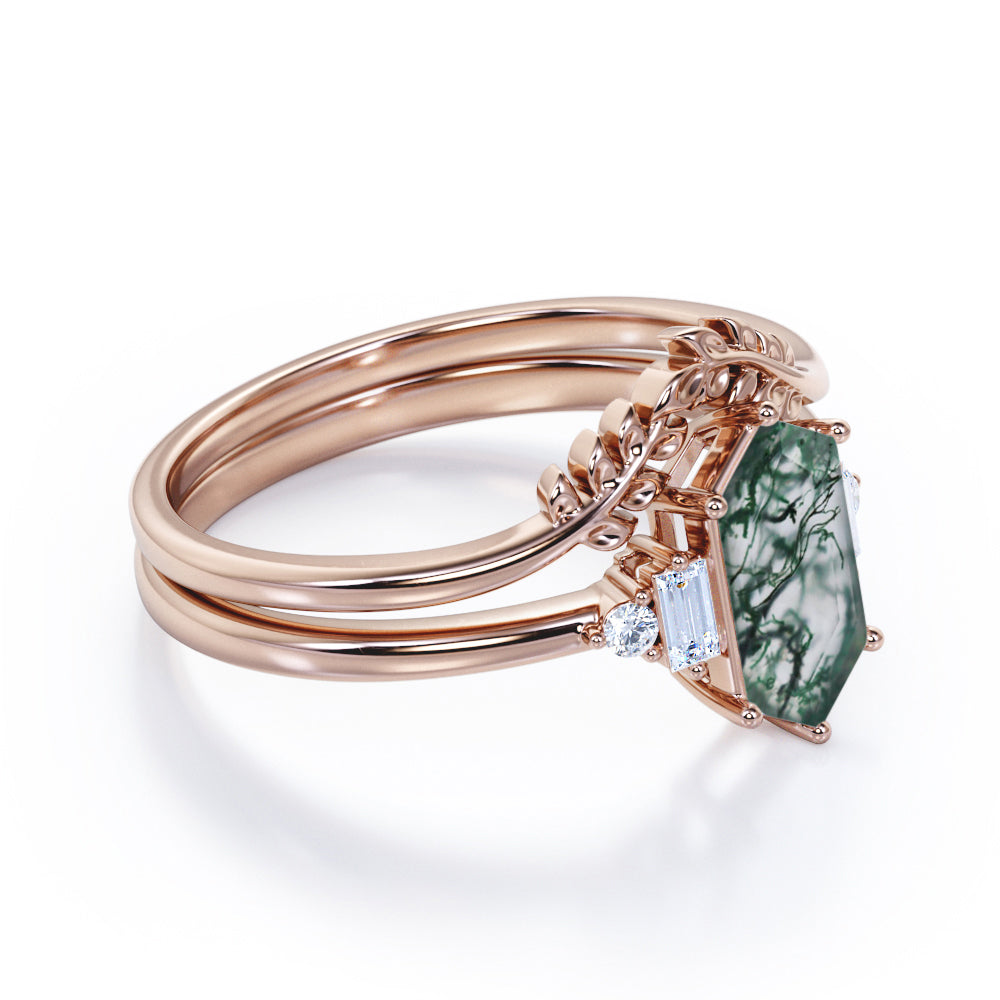 Leaf inspired Chevron 1.1 carat Hexagon shaped Moss Green Agate and diamond wedding ring set in Rose gold