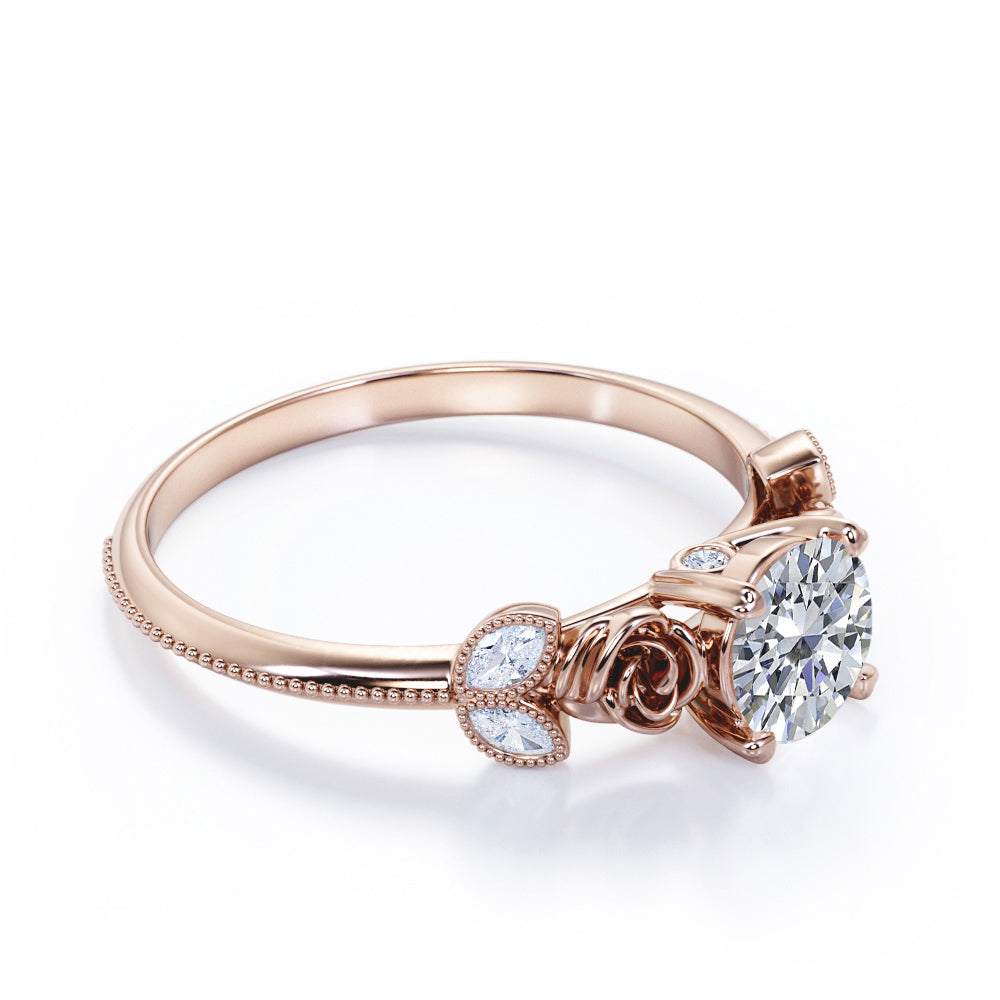Double roses 1.15 carat Round cut Moissanite and marquise diamonds 4 prong engagement ring in Rose gold