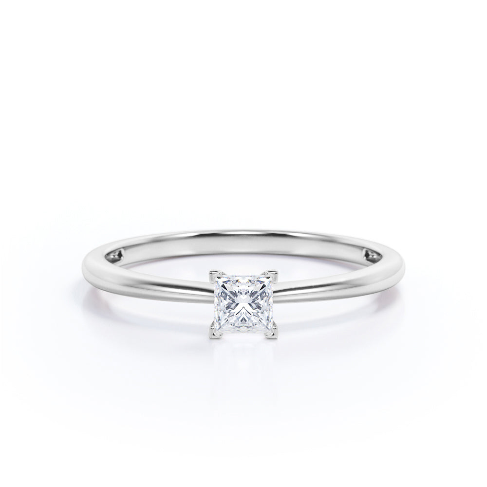 Elegant Solitaire 0.5 carat Princess cut Moissanite-cathedral setting-tapered shank engagement ring in White gold